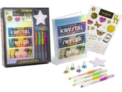 Rainbow High metalický deníček s gelovými pery, nálepkami a sponkami
