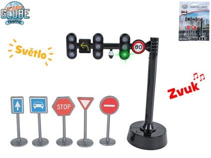 Kids Globe Traffic sada dopravních značek + semafor 11,5cm na baterie se světlem a zvukem