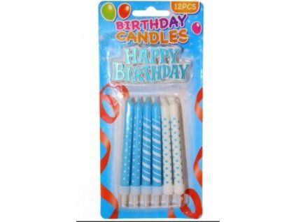 Dortové svíčky modré + zápich Happy Birthday 12ks