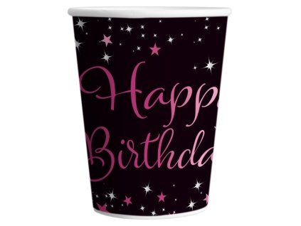 Kelímky papírové Happy Birthday černé s růžovou 8ks 220ml