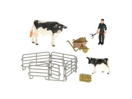 ZooLandia Farmár s vidlami a čiernobiela krava s teliatkom