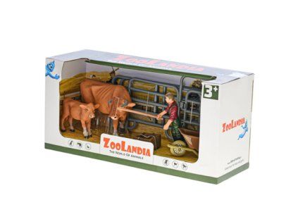 ZooLandia Farmár s metlou a hnedá krava s teliatkom