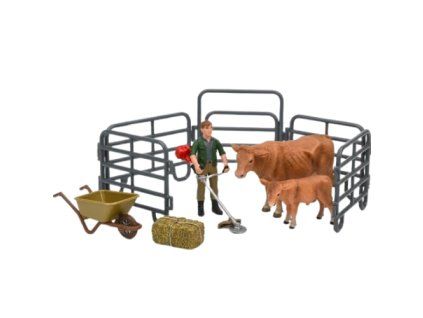 ZooLandia Farmář s křovinořezem  a hnědá kráva s telátkem