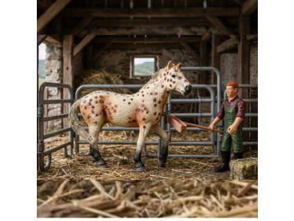 ZooLandia Kôň zlatý so škvrnami, farmár a doplnky