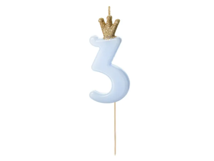 Svíčka dortová číslo 3 s korunkou světle modrá