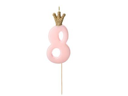 Svíčka dortová číslo 8 s korunkou světle růžová