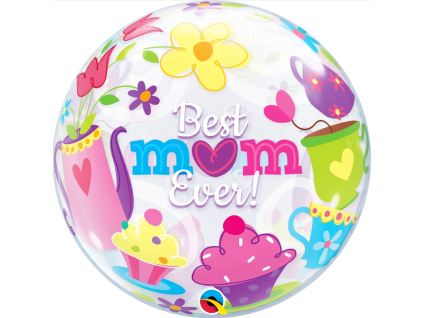 Balónková bublina průhledná Best mum Ever! - motiv čajové party - 56 cm